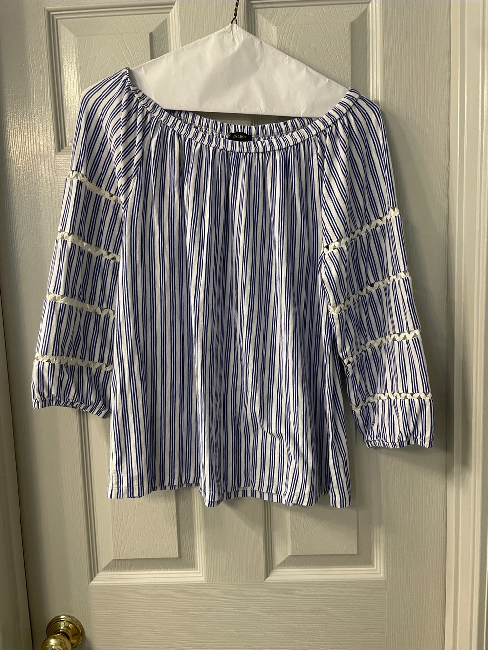 Talbots Blue and White Striped Off-Shoulder Tunic